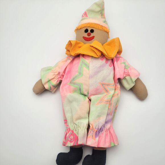Vintage Cloth Clown Doll 11" Handmade Tie Dye Pastel Outfit Soft Toy Smile - Picture 2 of 7